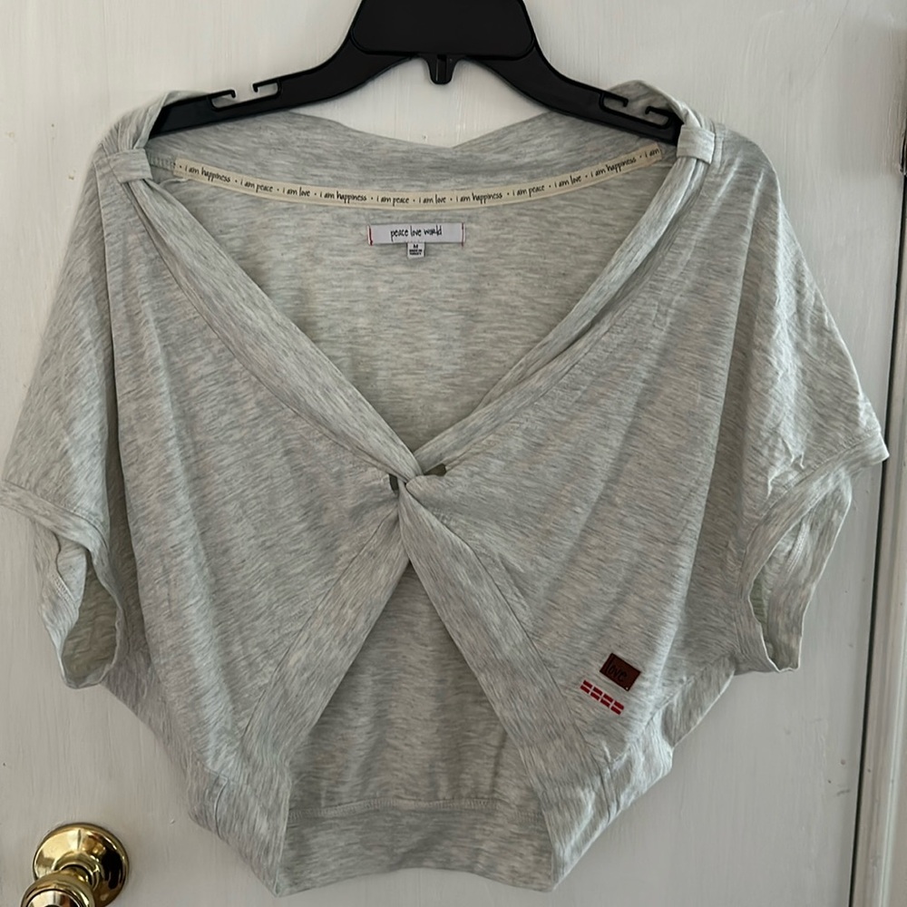 Peace Love World Light Gray Knot-Front Crop Top